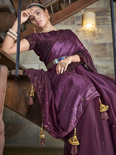 Engaging Purple Swaroski Diamond Silk Party Wear Saree With Blouse